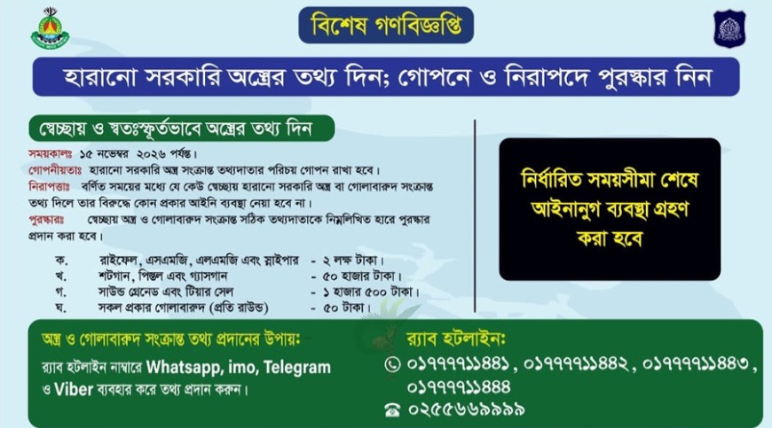 হারানো সরকারি অস্ত্রের তথ্য দিলে পুরস্কার